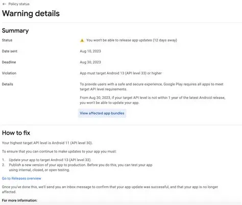 Warning in Google Play Console